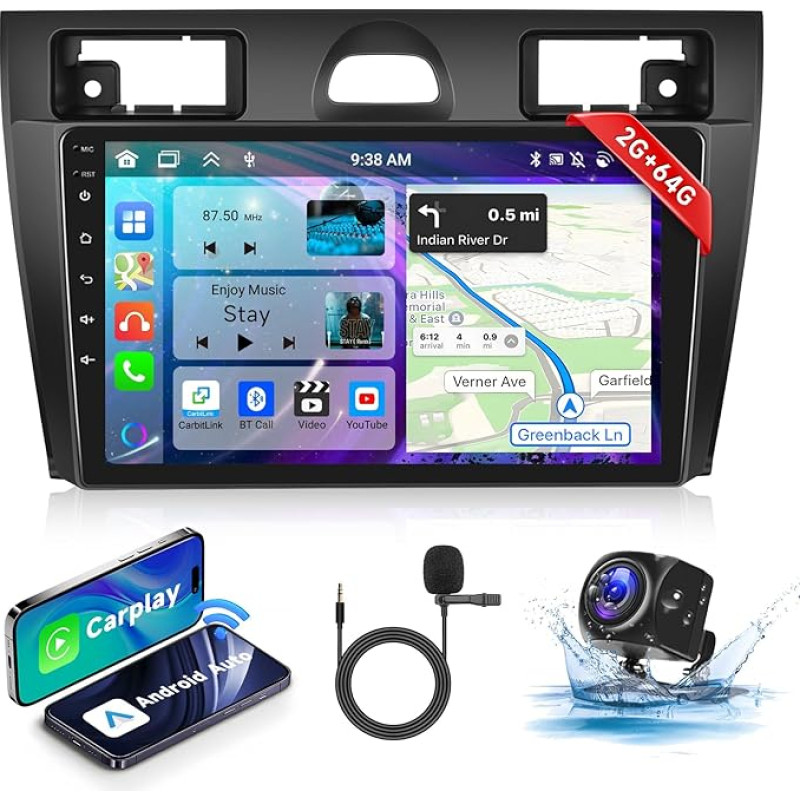 Podofo 2G & 64G, 8-Core, 9 Inch Android 13 Car Radio for Ford Fiesta Mk5 2006-2011 Wireless Carplay Android Car, DSP, RDS/FM Radio, 2 DIN Bluetooth with Touchscreen WiFi GPS Navigation + AHD Reversing