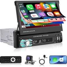 1din Car Radio with Screen, Wireless Carplay and Android Car - 7 Inch 1 DIN Fold-Out Radio Bluetooth Mirror Link USB Type C + AHD Reversing Camera and Remote Control