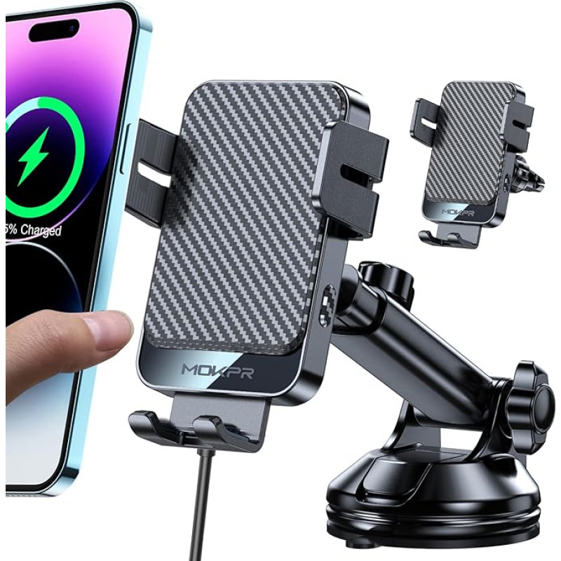 MOKPR Mobile Phone Holder Car with Charging Function, 15 W Fast Wireless Charger Car Holder Inductive Charging Induction Car Charger for iPhone 16/15/14/13/12, Samsung Huawei Xiaomi