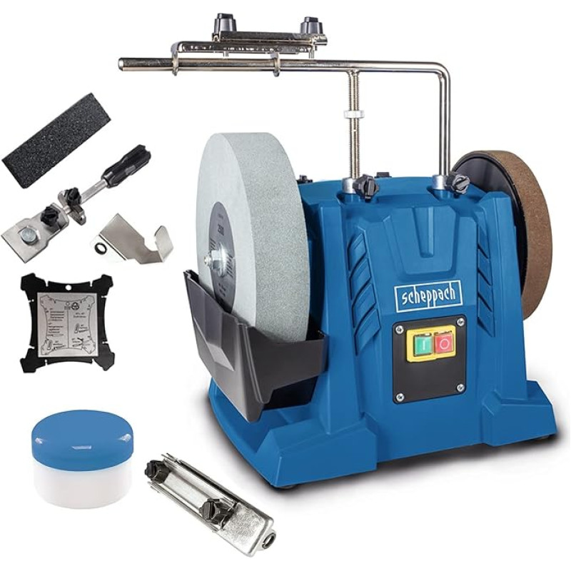 Scheppach Tiger 7000s Wet Grinding System Including Homekit | Grinding Machine 200W Induction Motor Whetstone 250 x 50 mm 220K | Device 40/60/70 | Abrasive Paste | Stone Preparer | Angle Gauge