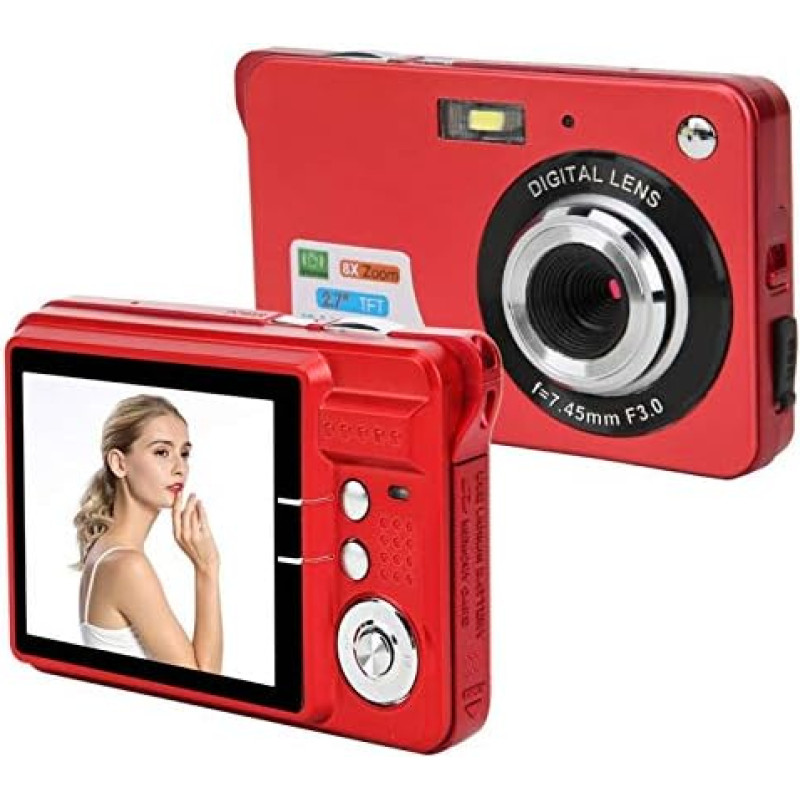 Skaitmeninis fotoaparatas, 2,7 colių kompaktiškas fotoaparatas, 5 MP kišeninis skaitmeninis fotoaparatas su 8x priartinimu, palaiko 32 GB SD, įmontuotas mikrofonas, automatinis fokusavimas, nešiojami mini fotoaparatai studentams (raudonos spalvos)