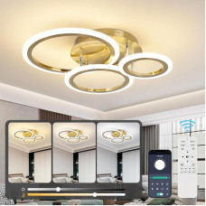 35 W 58 cm auksinės spalvos lubų šviestuvas su nuotolinio valdymo pulteliu, 3000 K - 6500 K, 3 žiedų apskritimo formos miegamojo šviestuvas, 35 W, 58 cm lubų šviestuvas, modernus svetainės šviestuvas su nuotolinio valdymo pulteliu, 3000 K - 6500 K, 3 žied