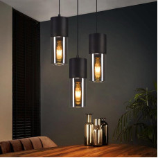 Lichtmaler Pendant Light 3-Bulb Glass - LED Pendant Lamp Round Black Dining Table Lamps E27 Metal Lampshade Light for Dining Table Dining Room Stairs Bedroom
