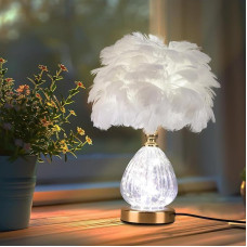 Feather Lamp - LED Table Lamp Bedside Lamps with 3 Colours Dimmable Lighting Elegant Table Lamp Suitable for Girls Bedroom Living Room White