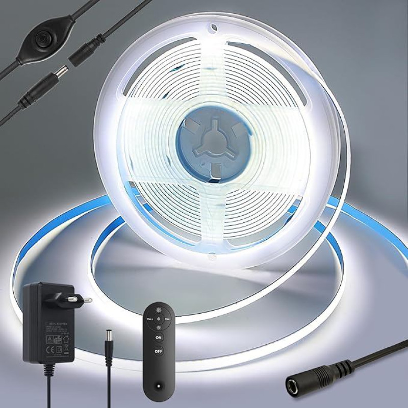 LED Strip 5 m 12 V COB LED Strip with RF Remote Control, Power Adapter, 6000 K Cool White, 320 LEDs/M Dimmable LED Strip, LED Strip for TV Backlight, Computer, Cabinet, Bedroom