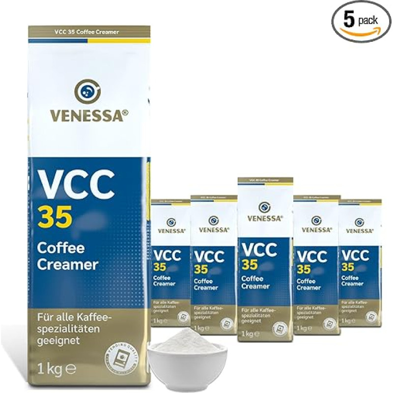VENESSA VCC 35 Kavos grietinėlė Kavos grietinėlė 5 x 1 kg, aukštos kokybės kavos grietinėlė - automatinė, didelės balkšvumo galios, lengvai tirpstanti, 5 vnt. pakuotė su aromato apsaugos maišeliu
