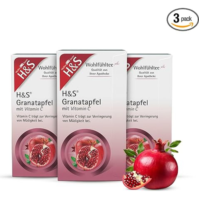 H&S Pomegranate with Vitamin C Tea, 3 x 20 Bags (2.7 g each): Fruity, Pleasant Pomegranate Tea, Pack of 3