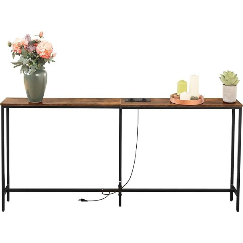 Konsolinis stalas su 2 įkrovimo stotelėmis, pramoninis įėjimo stalas su 2 USB prievadais, 180 cm siauras sofos stalas, sofos šoninis stalas įėjimui, prieškambariui, fojė, svetainei, Vintage Brown