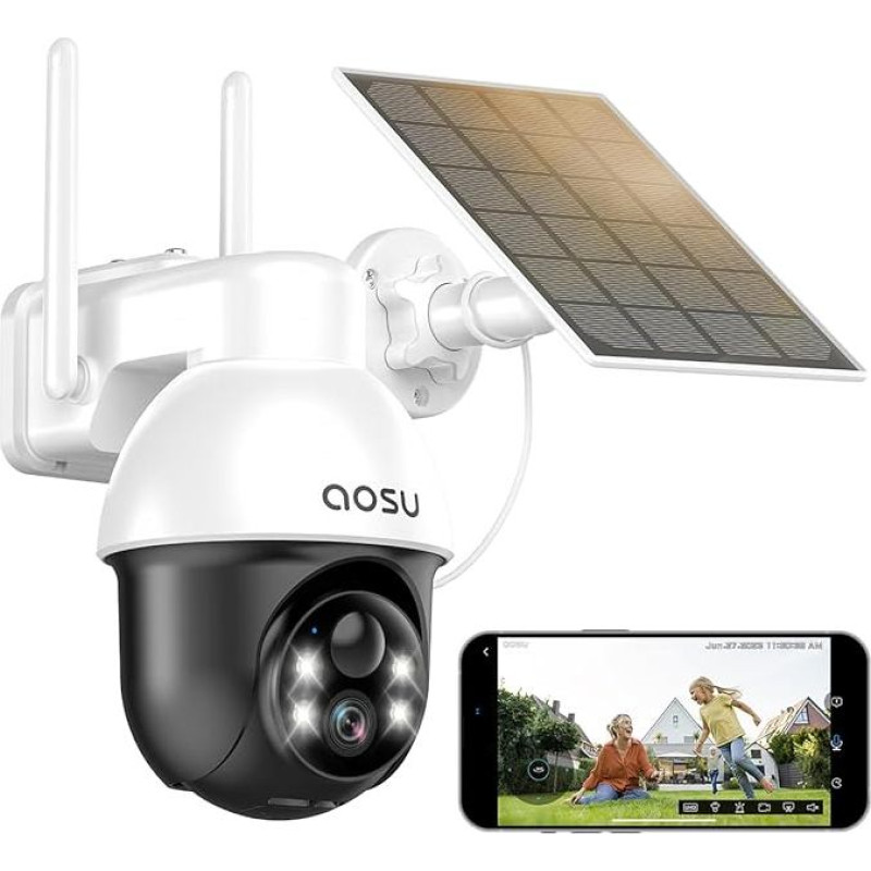 AOSU 2K Solar Surveillance Camera Outdoor Battery, Outdoor Camera with 360° Surveillance, Automatic Person Tracking, 10 m Colour Night Vision, Light and Sound Alarm, 2-Way Audio, Remote Viewing