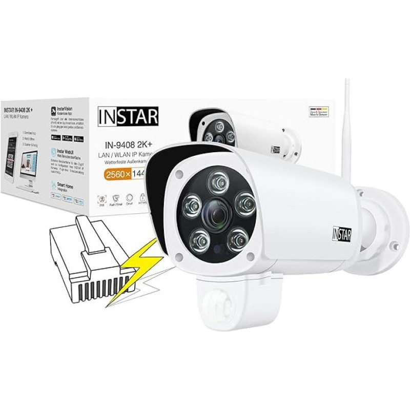 INSTAR IN-9408 2K+ PoE White / LAN / PoE Surveillance Camera with Artificial Intelligence - Weatherproof Outdoor Camera - IEEE 802.3af Power Over Ethernet - HomeKit - PIR - Wide Angle - RTSP