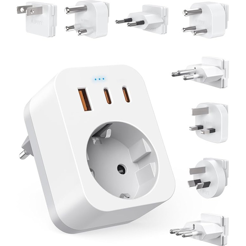 Travel Adapter Worldwide Set, International Socket Adapter with USB C (PD 20W), 8 Removable Travel Plugs Travel Adapter for South Africa/JAP/AUS/USA/IT/Swiss/EU/UK (World Adapter + 8 Attachments)
