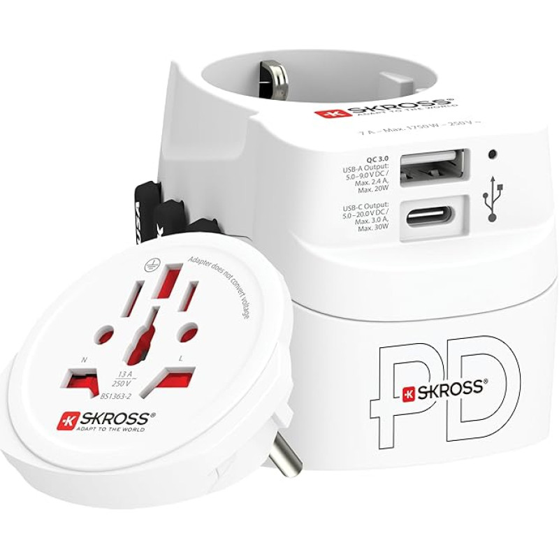 SKROSS - Pro Light USB AC30PD - World - 3 Pole Universal Travel Adapter for the World with Fast Charging PD - Charger (1 x USB C 3a + 1 x USB 2.4a) - Power: 110V - 700W / 250V - 1750W