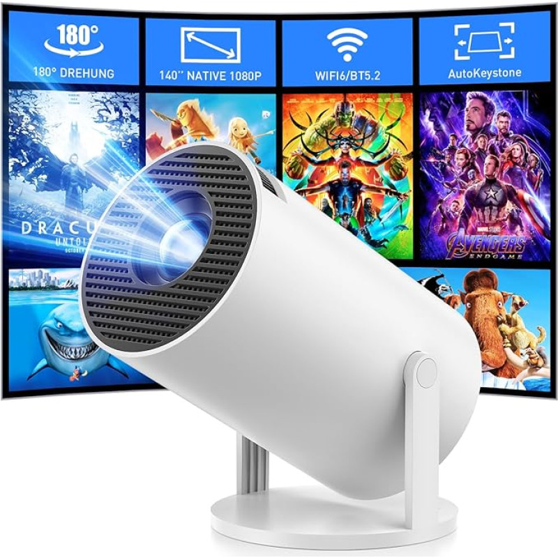 Projector, 4K Support Full HD, Mini Projector with Android OS 11 Dual Band WiFi6 and Bluetooth 5.2, Home Cinema / Outdoor Projector Mobile Phone, Smart Video Projector with 180° Rotatable and Auto