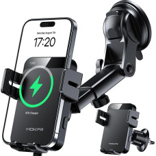 MOKPR Car Mobile Phone Holder with Charging Function, 15 W Mobile Phone Holder Car Inductive Charging for Vent Clips/Instrument Panel/Windscreen for iPhone 16/15/14/13, Galaxy S24 etc. (Black)