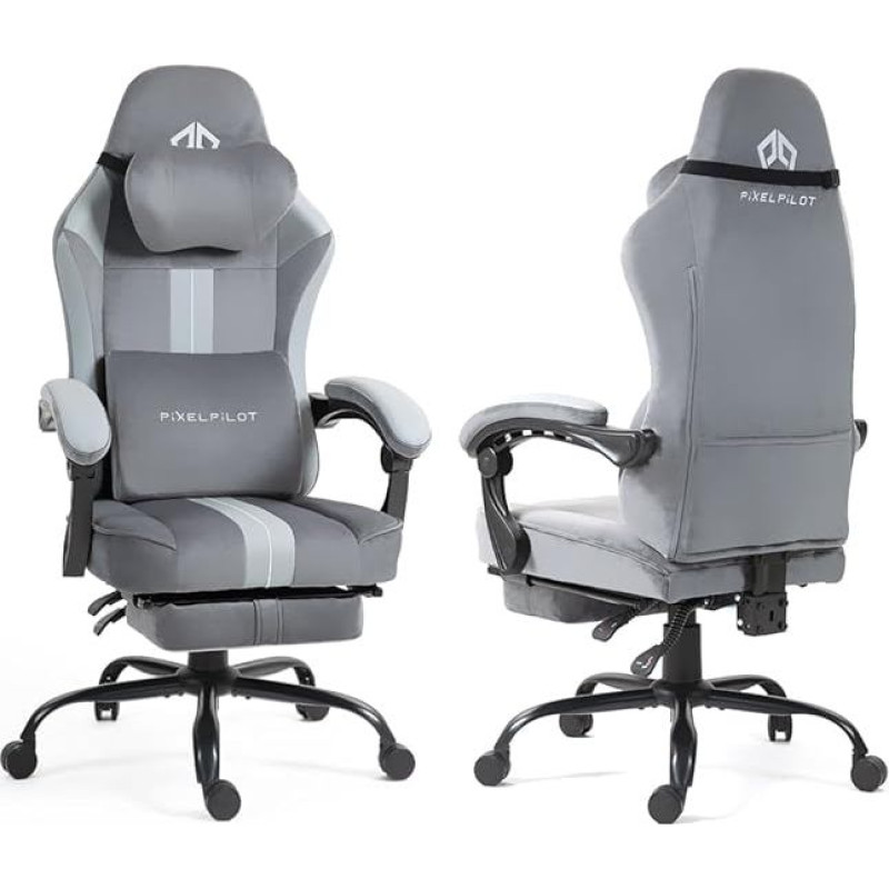 PixelPilot® Ergonomic Gaming Chair [Breathable Fabric] Chair with Footrest, Head and Lumbar Support, Gamer PC Chair [Wide Seat] Office Chair 150 kg Load Capacity (Space, Grey Blue)