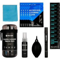 PRO STUFF CTP-15 - 19 dalių fotoaparato valymo rinkinys objektyvui, ekranui ir filtrui - apima objektyvo rašiklį, varčią, valymo purškiklį, servetėles, drėgnas servetėles, dėklą su užtrauktuku