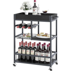 Huhote Serving Trolley, Kitchen Trolley with Wine Rack, Bar Trolley, Drinks Trolley, Trolley with Wheels, Wine Cart for Dining Room, Kitchen, Living Room, Bar, Party, Black Wood Grain