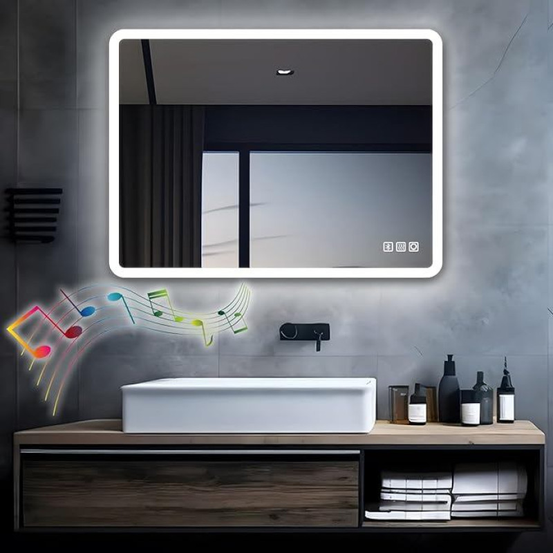 MIQU LED Bathroom Mirror with Lighting, 100 x 60 cm, Large Bathroom Mirror with Bluetooth and Socket, Touch, Dimmable, Warm/White Light, Anti-Fog Wall Mirror for Bathroom, Toilet, Hallway