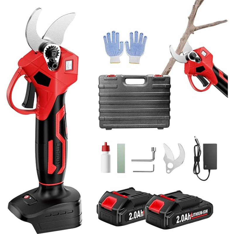Akumuliatorinės elektrinės sodo žirklės, 40 mm akumuliatorinių genėjimo žirklių pjovimo skersmuo, 21 V 2000 mAh akumuliatorių ir atsarginių peilių rinkinys, 6-8 darbo valandos, vynmedžių žirklės, genėjimo žirklės, rožių žirklės