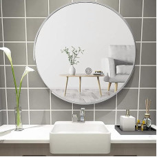 Warmiehomy Apvalus 40 cm sidabrinis sieninis veidrodis su metaliniu rėmu ir varžtais Modernus vonios kambario veidrodis, skirtas pakabinti vonios kambario prieškambaryje Svetainės apdaila