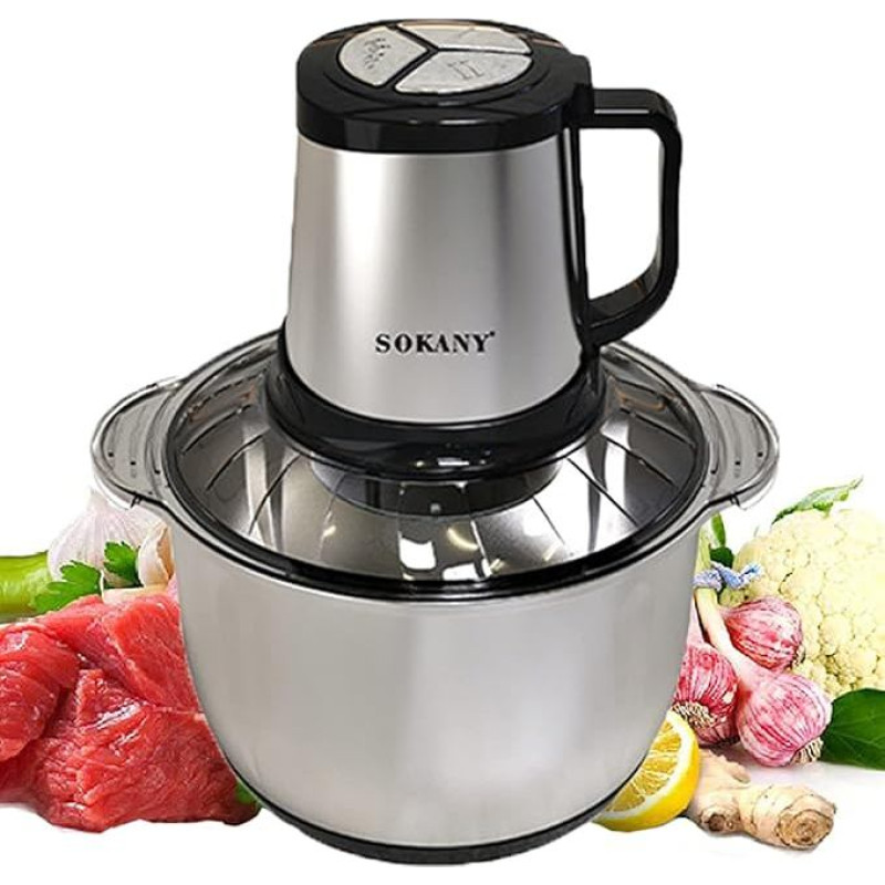 SOKANY 800 W Electric Kitchen Chopper with 5L Stainless Steel Bowl, Multi Chopper with 3 Speed Levels, Meat Grinder with 4 Blades for Meat, Onions, Fruit, Vegetables
