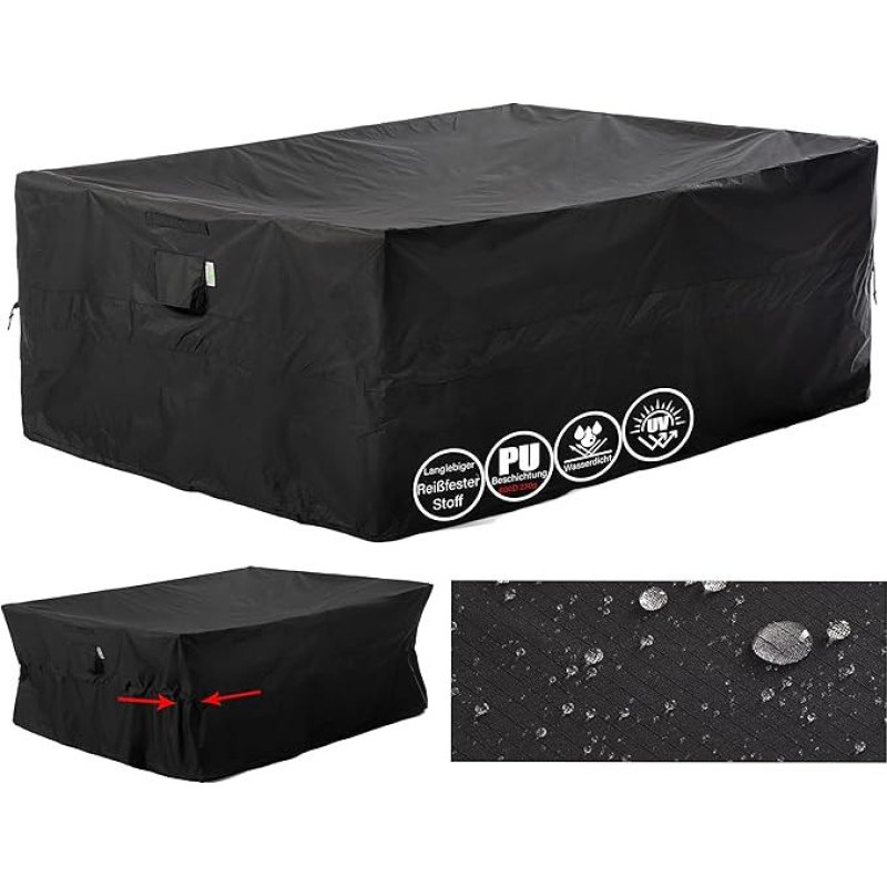 F&J Outdoors Garden Furniture Covers, Waterproof, Patio Table Cover, Cinched Waist Storage Cover, Windproof, Rectangular, Protective Cover, Heavy Duty, Tear Resistant, Black, 259 x 188 x 84 cm