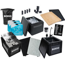 BOXIO - Virtuvės rinkinys: Mobili stovyklavimo virtuvė be elektros su maisto gaminimo dėže, kriaukle ir dujine virykle su lauko priedais, pjaustymo lentele, ledo paketais, sėdynės pagalvėle ir dar daugiau. Puikus