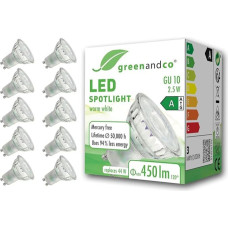 greenandco 10x GU10 | Replaces 44W | Warm White 3000K | 2.5W 450lm | 36° | Flicker-Free | Energy Efficiency Class A | 230V LED Spot | Not Dimmable