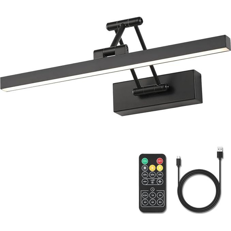Pasoar Picture Light Battery Operated Black 40 cm Long Rechargeable Wall Lights Dimmable LED Library Light with Swing Arm and Timer Function Battery Wall Light Indoor Black Colour