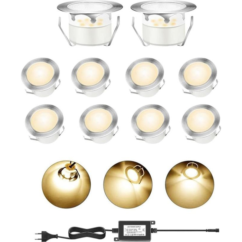 Recessed Floor Spotlight LED Pack of 10 LED Recessed Floor Light IP67 Waterproof 3200 K Warm White DC 12 V 32 mm Ceiling Spotlight Outdoor Lights for Kitchen Stairs Balcony Terrace ...