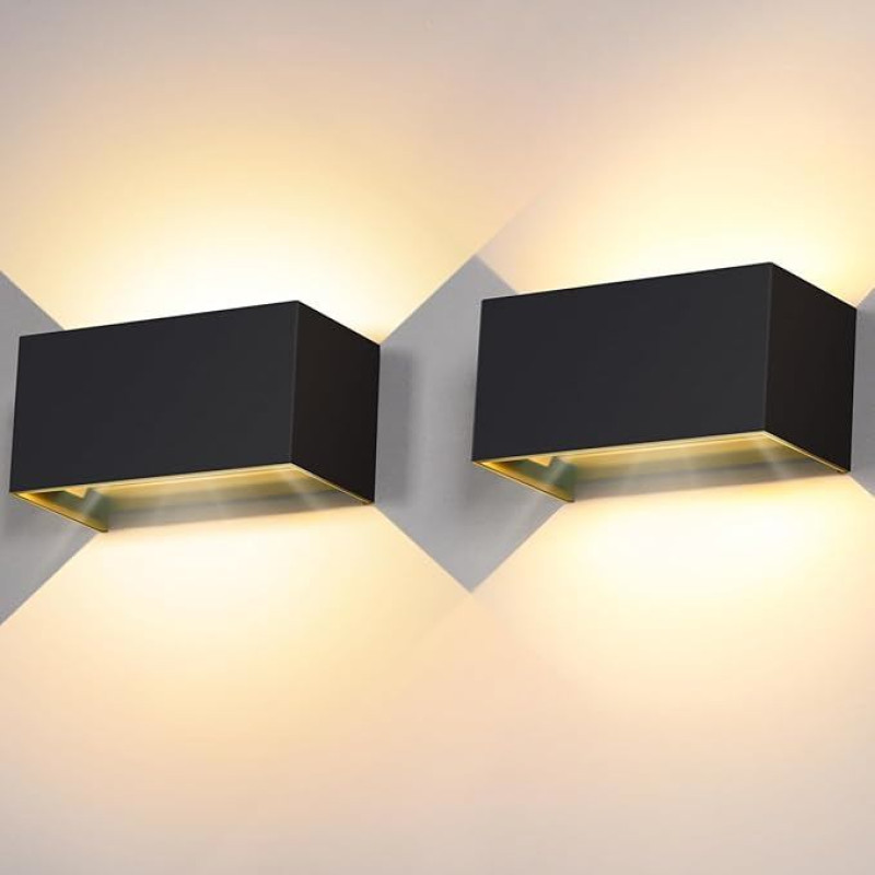 Kingwei Pack of 2 LED Wall Lights Indoor/Outdoor 20 W Up and Down Adjustable Wall Lights 3000 K Warm White Outdoor Lamp IP65 Waterproof Wall Lighting (Black)