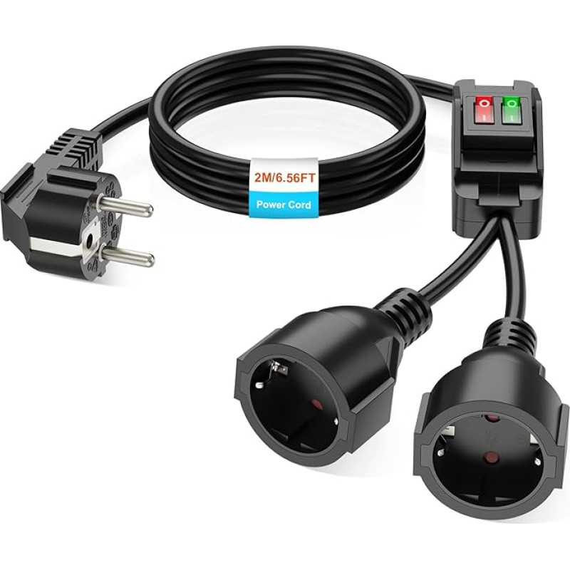 2 m Outdoor Extension Cable with 2 Schuko Sockets, Outdoor Extension Cable with Switch, Double Extension for Outdoor, Garden, Office, 16A/250V, Black
