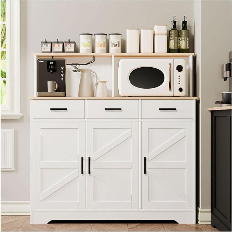 yacchi home bufetinė spintelė su laikymo vieta, 120 cm didelė dvipusė bufetinė spintelė, virtuvės spintelė su 3 stalčiais ir judančiu laminatu, patvari medinė kavos baro spintelė (balta)