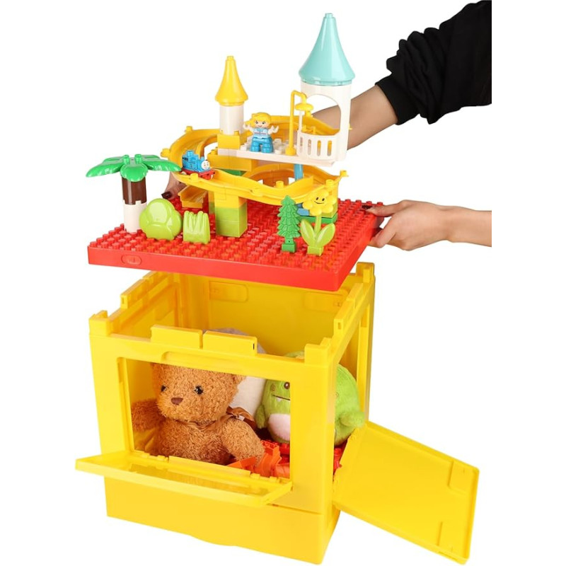 25L Kunststoff-Aufbewahrungsbox mit Gebäudedeckel für Lego Duplo Blöcke Kinder Spielzeug Aufbewahrung Organizer 4 Schloss Türen Faltbarer Stapelbarer Spielzeugtruhe Tisch Plastic Storage Box, Rot Gelb