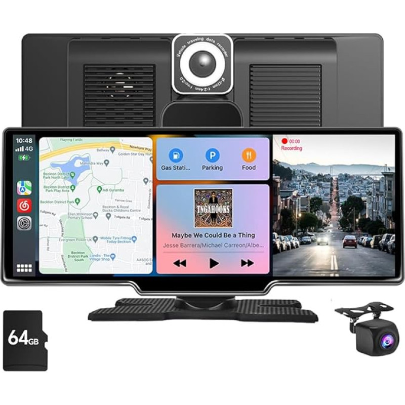 RATSTONE Portable 10.26 Inch Wireless Carplay Android Car with 4K Dashcam In-Car Front Rear View Camera, 1080P, Mirror Link, GPS/Siri, FM/AUX, 64G SD Card