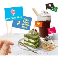 Individualizuotos dantų krapštukų vėliavėlės su logotipu / nuotrauka 100 vienetų, personalizuotos sūrio žymos Hamburgerio keksiukų viršūnėms Šalies dekoracijos Maisto ženklinimas (2 stilius)