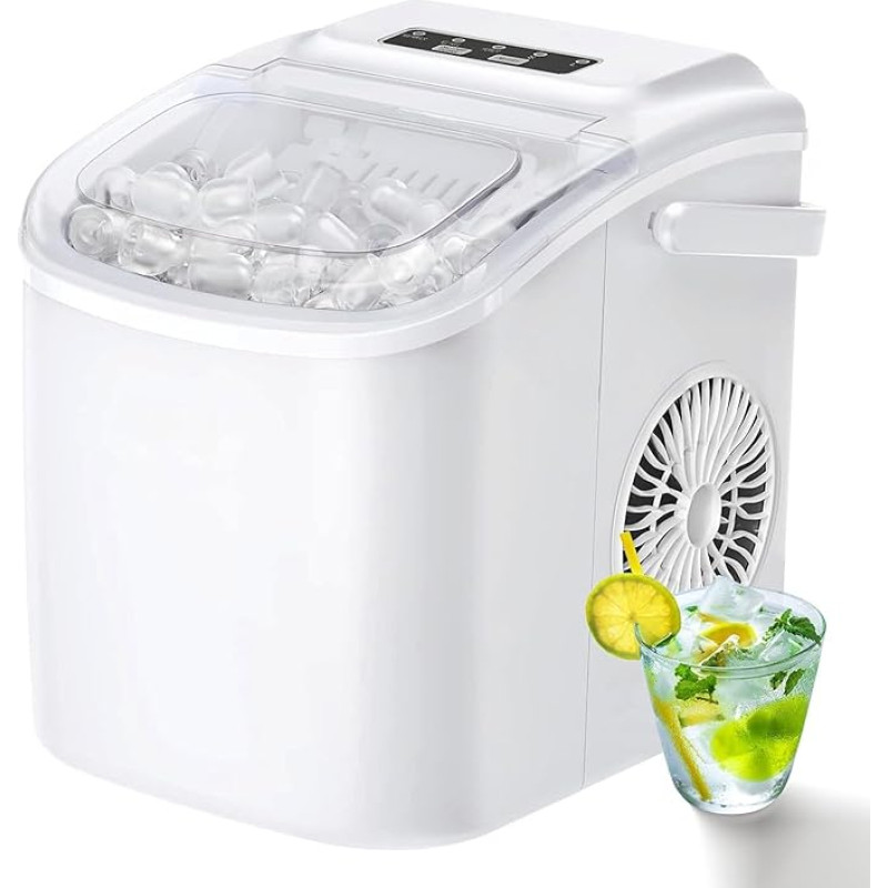 Mažas ledo kubelių gaminimo įrenginys, nešiojamas ledo kubelių gaminimo įrenginys su rankena, 9 ledo kubeliai paruošiami per 6 minutes, savaime išsivalantys nešiojami ledo aparatai namams, baltos spalvos