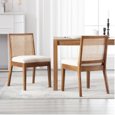 DAYALANE Valgomojo kėdės 2 kėdžių rinkinys su rotango atlošu Valgomojo kėdės, pagamintos iš lino sėdynės, skandinaviško stiliaus virtuvės kėdės, skirtos valgomajam / restoranui, smėlio spalvos