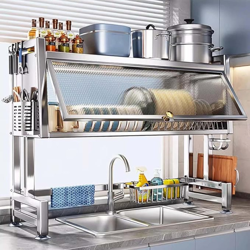 Over the Sink Dish Dryer, Stainless Steel Dish Dryer for Kitchen with Cover, Dish Drying Rack for Kitchen Countertop Storage, 2-Tier Dish Baskets with Large Kapa
