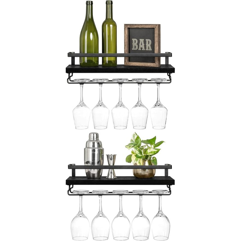 Mkono Wall Mounted Wine Racks Set of 2 Wooden Rustic Wine Bottle Glass Floating Shelves with Stemware Hanger Modern Wine Display Storage Holder for Kitchen Dining Room Bar Black