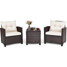 KOMFOTTEU Balcony Furniture, Rattan Garden Furniture Set with Coffee Table and 2 Chairs, Balcony Table with Glass Top, Patio Furniture Set with Cushion, 3-Piece Garden Furniture Set for Patio, Balcony