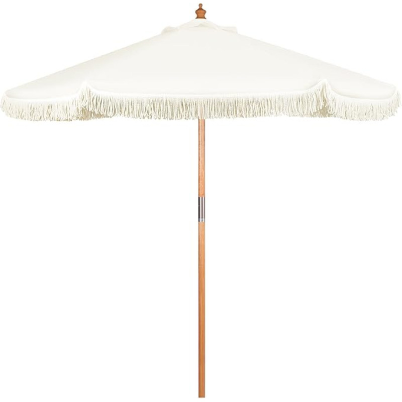 Sekey Fringe Parasol 220 cm Wooden Parasol with Tassels Market Umbrella Garden Umbrella Hawaii Parasol Patio Umbrella Round UV50+