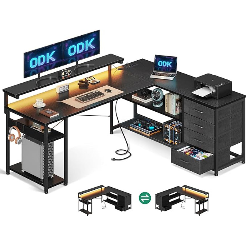 ODK Desk with Drawers, Reversible Corner Desk with 2 Sockets and 2 USB Charging Ports, Office Table L Shape with LED for Home Office, 155 x 110 cm (Black)