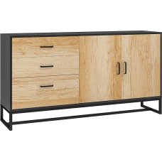 HOMCOM Svetainės spintelė su spinta, 3 stalčiai ir reguliuojama lentyna, plieninės kojelės, aliuminio lydinio rankenos, skirta svetainei, valgomajam, ABM. 140 x 35 x 75 cm, natūrali mediena