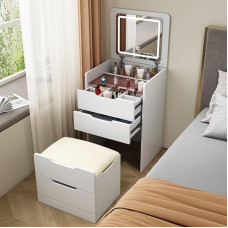 3 in 1 Dressing Table with Flip Lid, Small Makeup Dressing Table with Mirror and Adjustable Brightness, Compact Corner Dressing Table with Folding Desk Top, Soft Hidden
