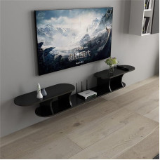 WANLIAN plaukiojantis televizoriaus stovas sieninis su lizdu 55 colių plaukiojantis pramogų centras Medinė medijos konsolės lentyna po televizoriumi gyvenamajame kambaryje, miegamajame, biure (juoda)