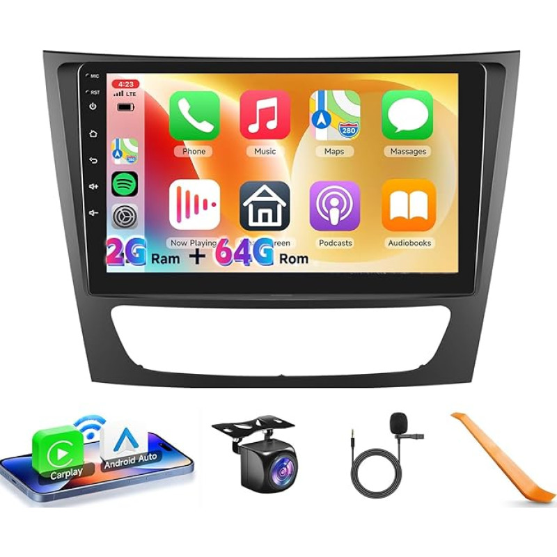 8 Core 2G + 64G Car Radio Android 13 for Mercedes Benz E Class W211 E200 CLS W219 2002-2009, 9 Inch IPS Touchscreen Radio with GPS Wireless Carplay Android Car Wi-Fi Bluetooth DSP FM RDS Rear View