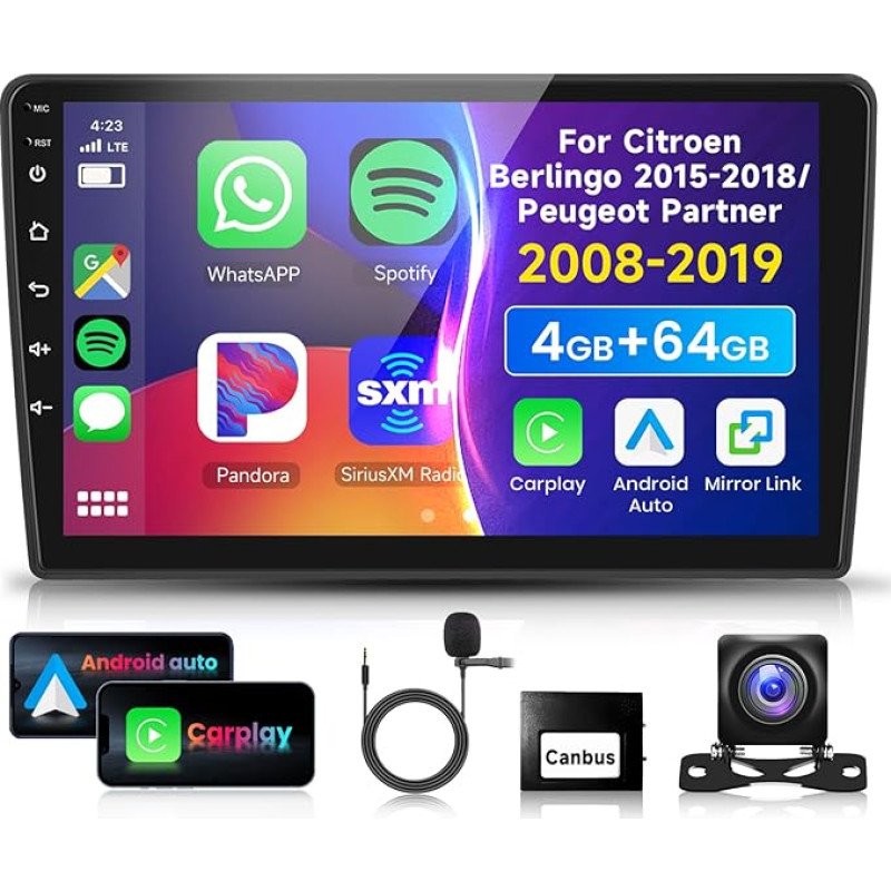 4G 64G VECHTEL 9 Inch Bluetooth Car Radio for Citroen Berlingo 2015-2018/Peugeot Partner 2008-2019 Carplay Android Car, DSP EQ, 1280 x 720, WiFi GPS, Mirror Link, RDS/FM Radio 2 DIN with AHD Rear View