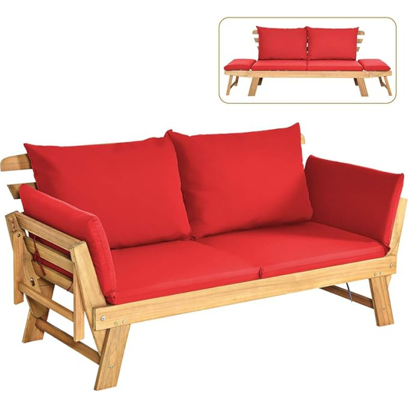 COSTWAY 2 Seater Sofa Outdoor Acacia Wood with Adjustable Armrests Garden Lounger with Cushion Folding for Garden Pool Yard (Red)