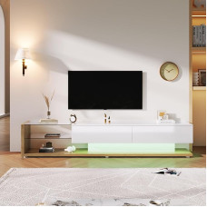 Modern Lowboard TV Cabinet, High-Gloss Living Room Furniture with Variable LED Lighting and Glass Dividers, TV Table with 2 Drawers and 2 Compartments, 170 x 36 x 38 cm (White + Natural)